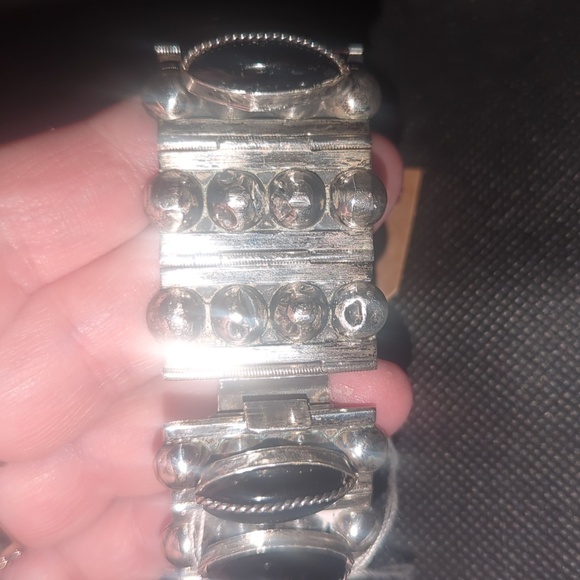 CHUNKY Vintage Mexican Sterling & Onyx Bracelet 1940s Brutalist - Picture 4 of 12